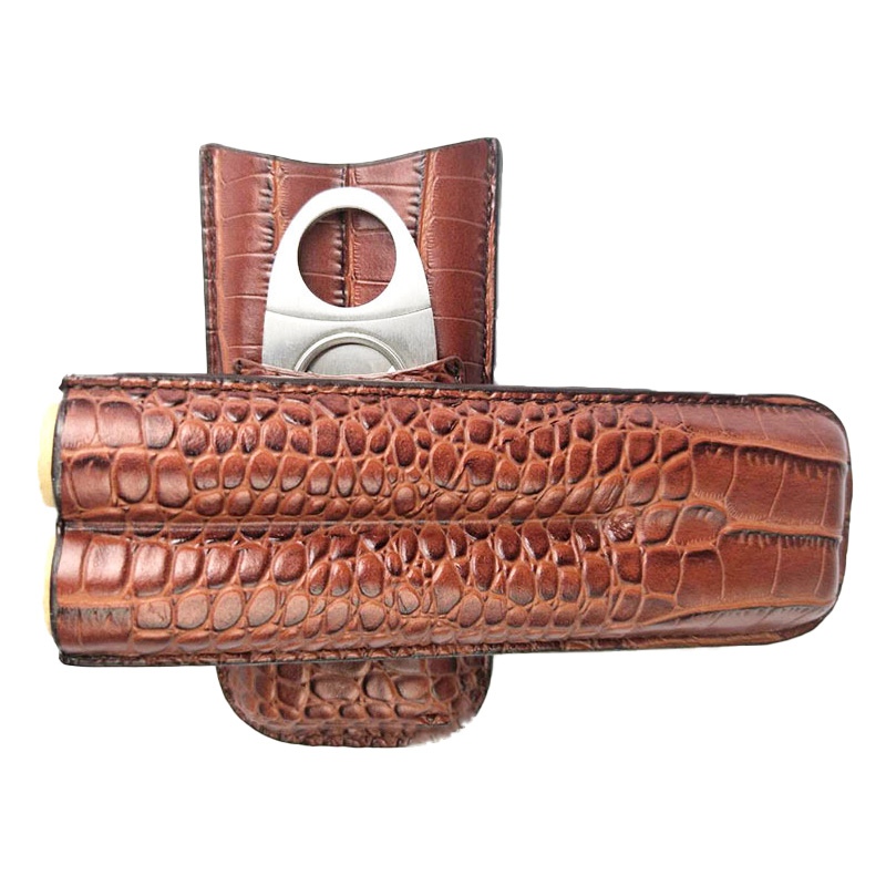 Leather Cigar Case Accessory 2 cigars Capacity and a Pocket for Cigar Cutter KR1001