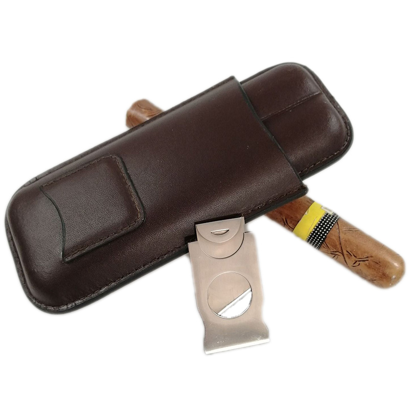 Double Leather Travel Cigar Case Set with Cigar Cutter Pocket KR1003